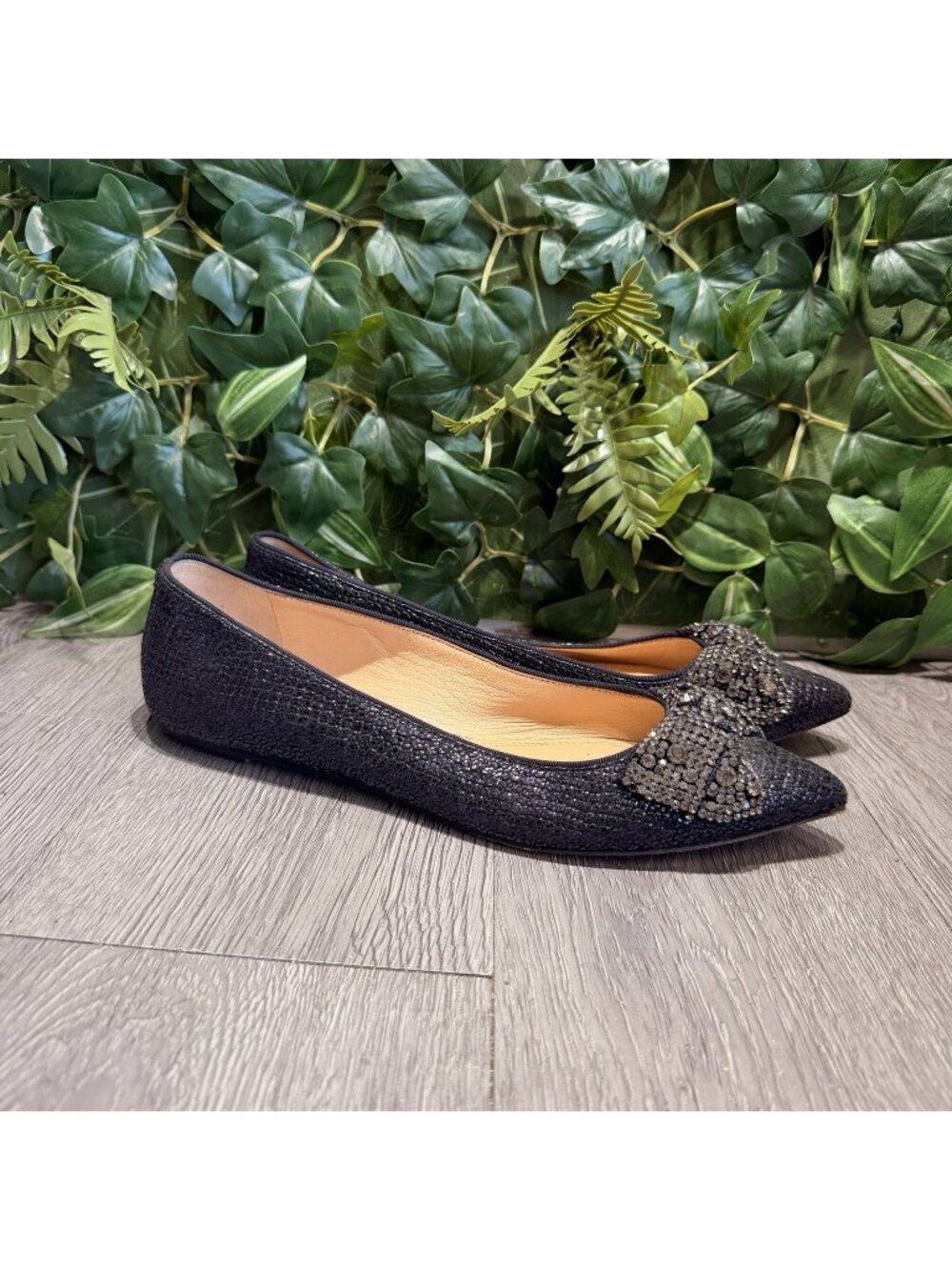 TORY BURCH Vanessa Pointed Toe Flats Navy Leather Rhinestone Bow Size 10 M